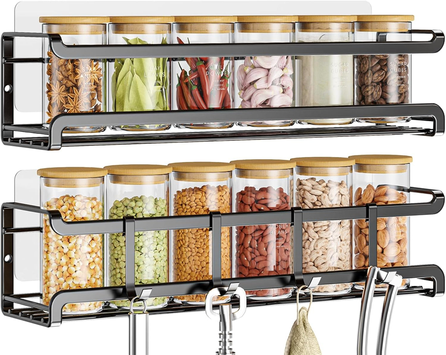 Spice Rack wall mounted 2 Pack, Space-Saving Spice Organizer for Spice Jars and Seasonings,Screw or Adhesive Hanging Spice Rack Organizer for Your Kitchen Cabinet,or Pantry Door