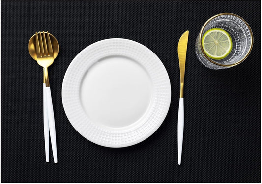 LEXMORE Placemats Set of 12 Vinyl/Plastic Woven Place Mats for Kitchen Table Indoor/Outdoor Washable Placemat Wipeable Dining Table Mats(A-Black)