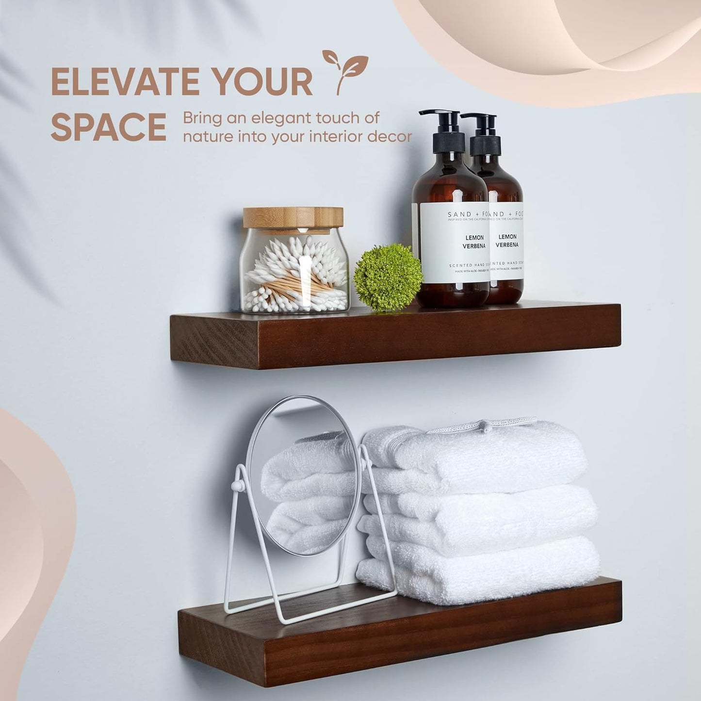 Homeforia Walnut Floating Bathroom Shelves, High End Solid Real Wood 16 inch Small Floating Shelf for Wall Mounted, Dark Brown 16inch Floating Shelves, Heavy Duty Bracket, 16 X 6.5 X 1.75 in, Set of 2