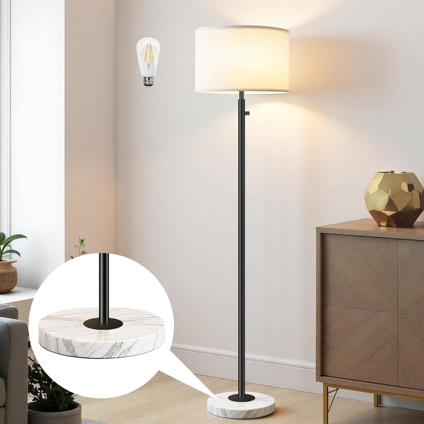 Floor Lamp for Bedroom,Modern Floor Lamp for Living Room,Standing Lamp with Marble Base,Tall Standing Lamp for Bedroom,Reading,Office & Kids' Room,LED Bulb Included(Black)