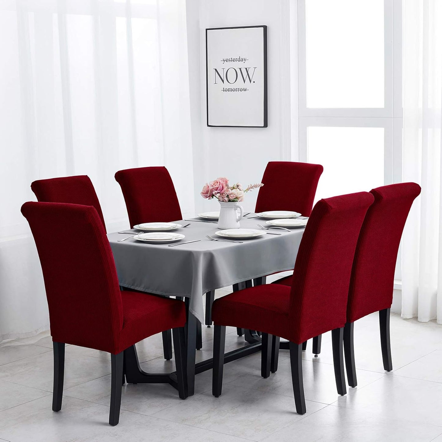 Joccun Chair Covers for Dining Room Set of 6, Dining Chair Slipcovers Stretch Dining Room Chair Covers Seat Protector,Washable Parsons Chair Cover for Home,Banquet(Red Dahlia,6 Pack)