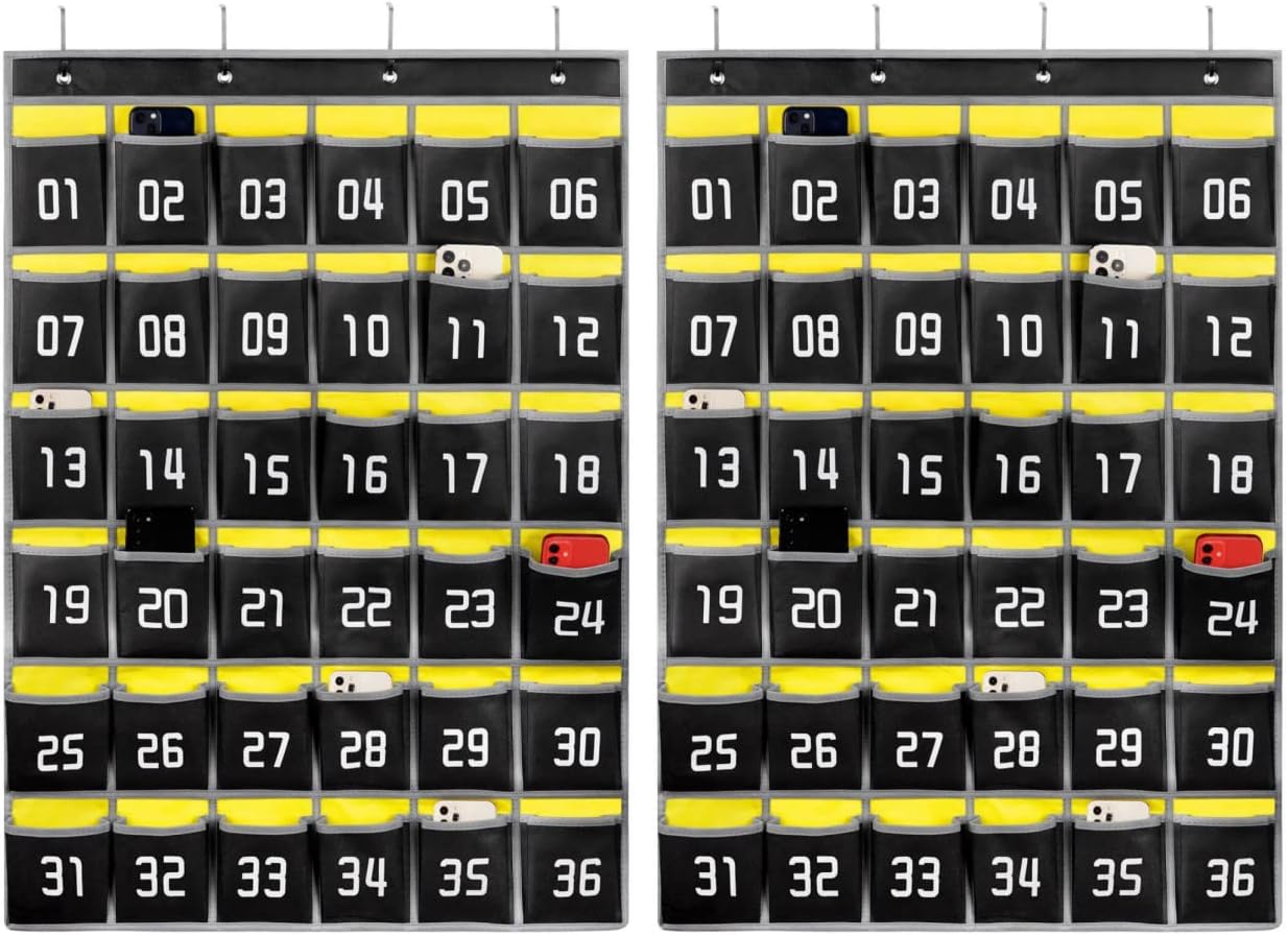 Loghot Classroom Accessories Closet Pocket Chart for Cell Phones Holder Wall Door Hanging Organizer (36 Pockets Black 2Pc)