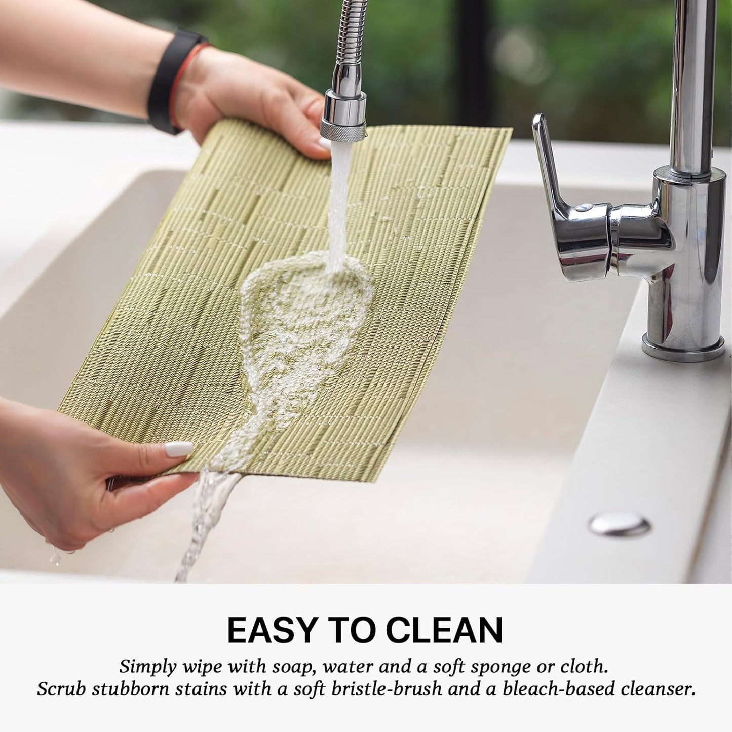 LEXMORE Placemats Set of 12 Vinyl/Plastic Woven Place Mats for Kitchen Table Indoor/Outdoor Washable Placemat Wipeable Dining Table Mats(Pea Green)