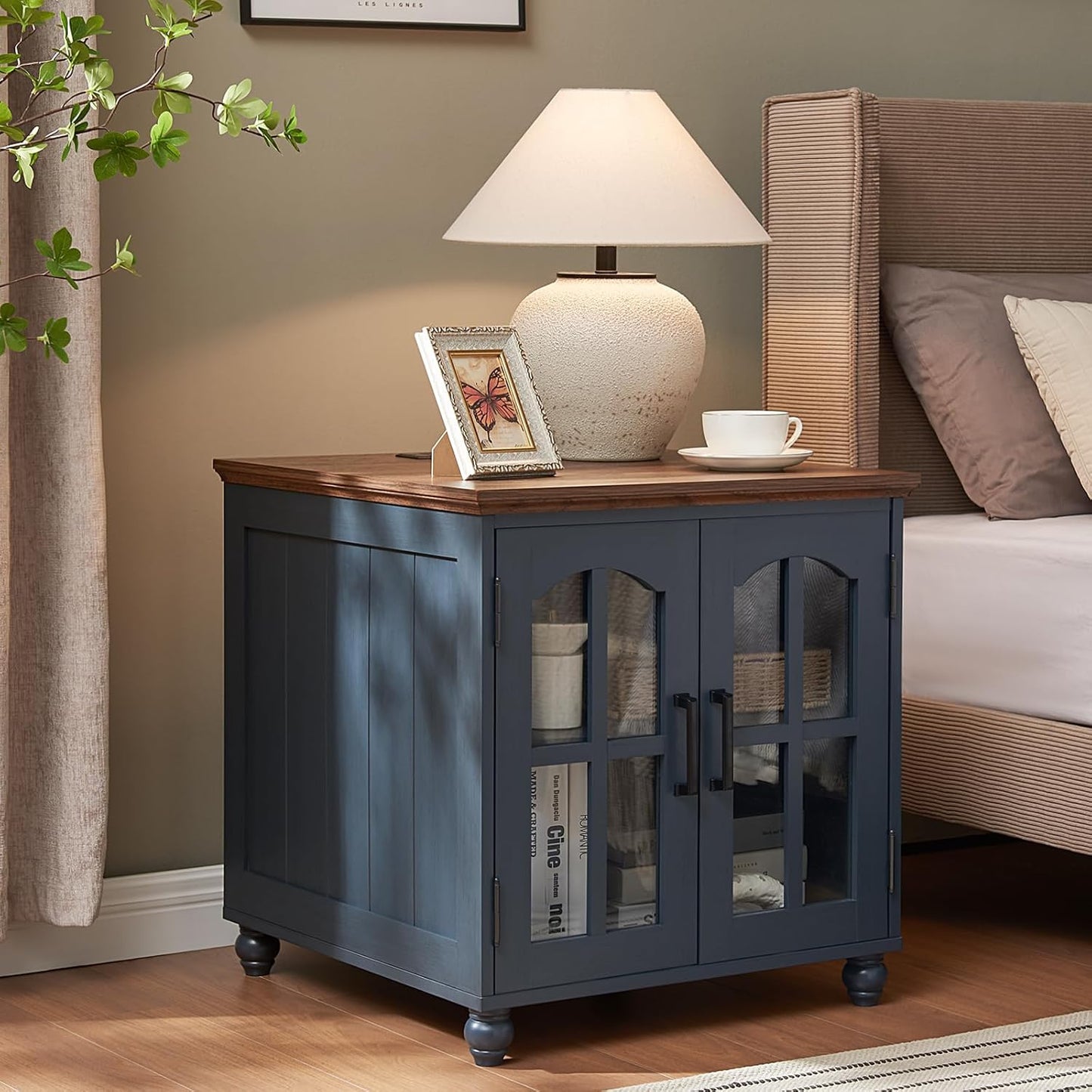 Farmhouse End Table with Charging Station,24" Large Sofa Side Table with Glass Barn Door,Rustic Wood Night Stand with Adjustable Storage Shelf,Square Bedside Table for Living Room,Bedroom Office