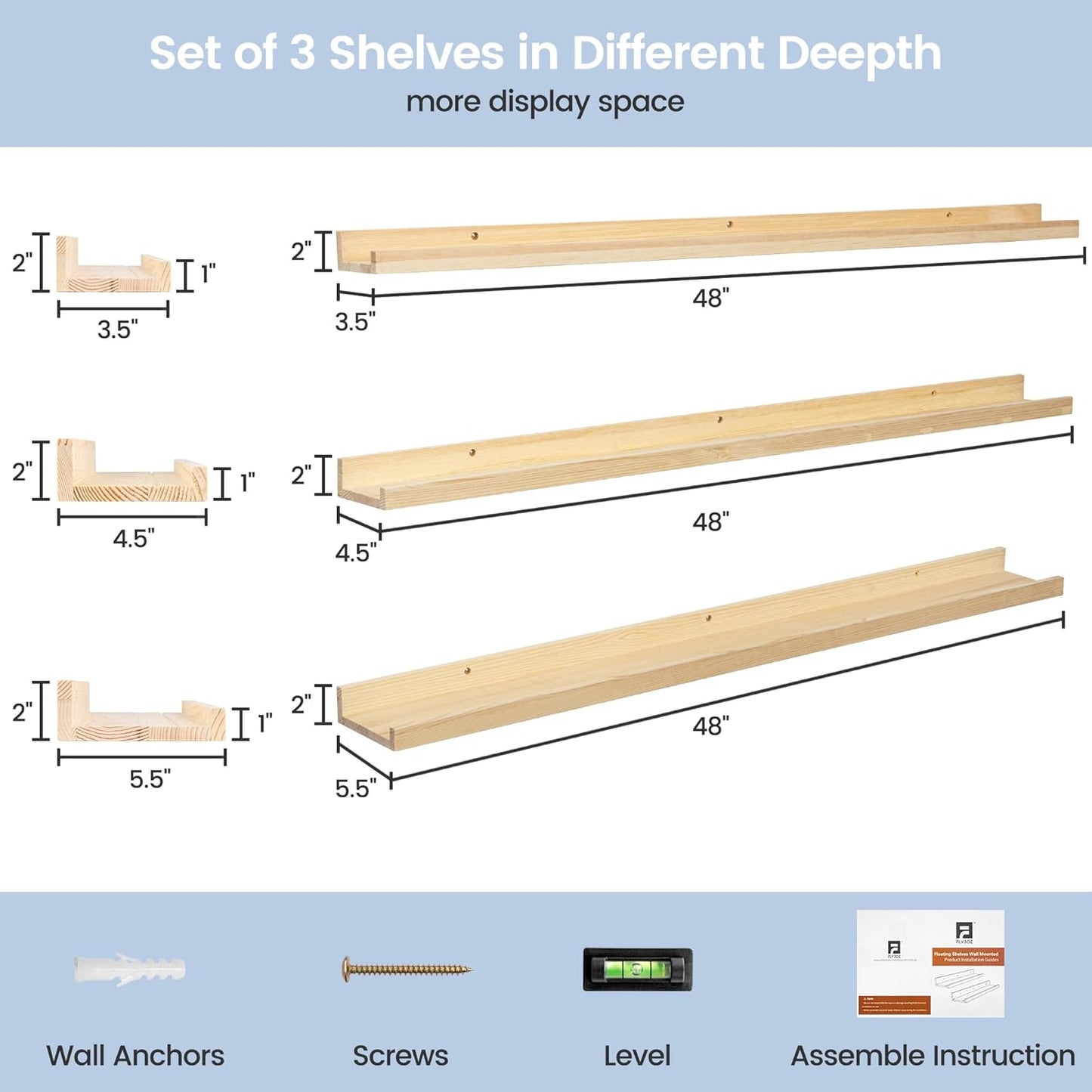 Picture Ledge Shelf for Wall, 48 inches Solid Pine Wood Nursery Book Shelves 3 Packs, Floating Ledge Shelves for Kids' Room Bedroom Bathroom Long Floating Shelves for Wall Nursey Wall Decor, Natural