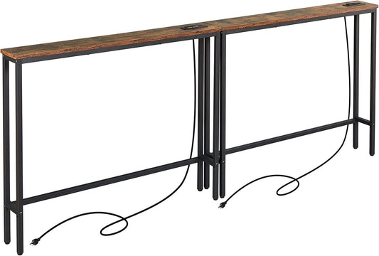 ELYKEN 2 Pack 5.9" Narrow Console Sofa Table with Power Outlets, 5.9" D x 39.4" W x 31.1" H Long Couch Table with Metal Frame and Charge Station with 6.5’ Extension Cord, Rustic Brown