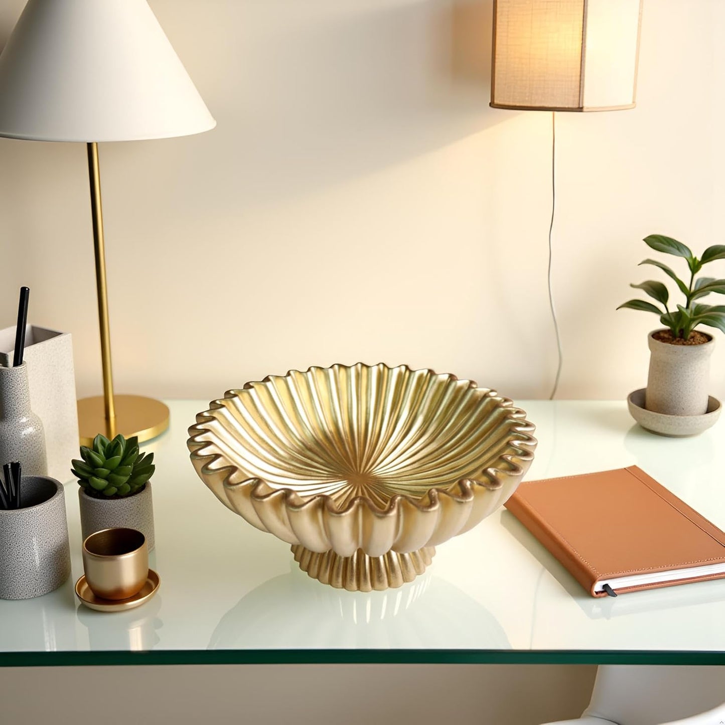 10" Large Decorative Bowl decor, Scalloped Bowls for Modern Home Decor,Ruffle Decor,Stylish Key Bowl for Entry Table,Decorative Fruit Bowl for Kitchen Counter,With base,Golden