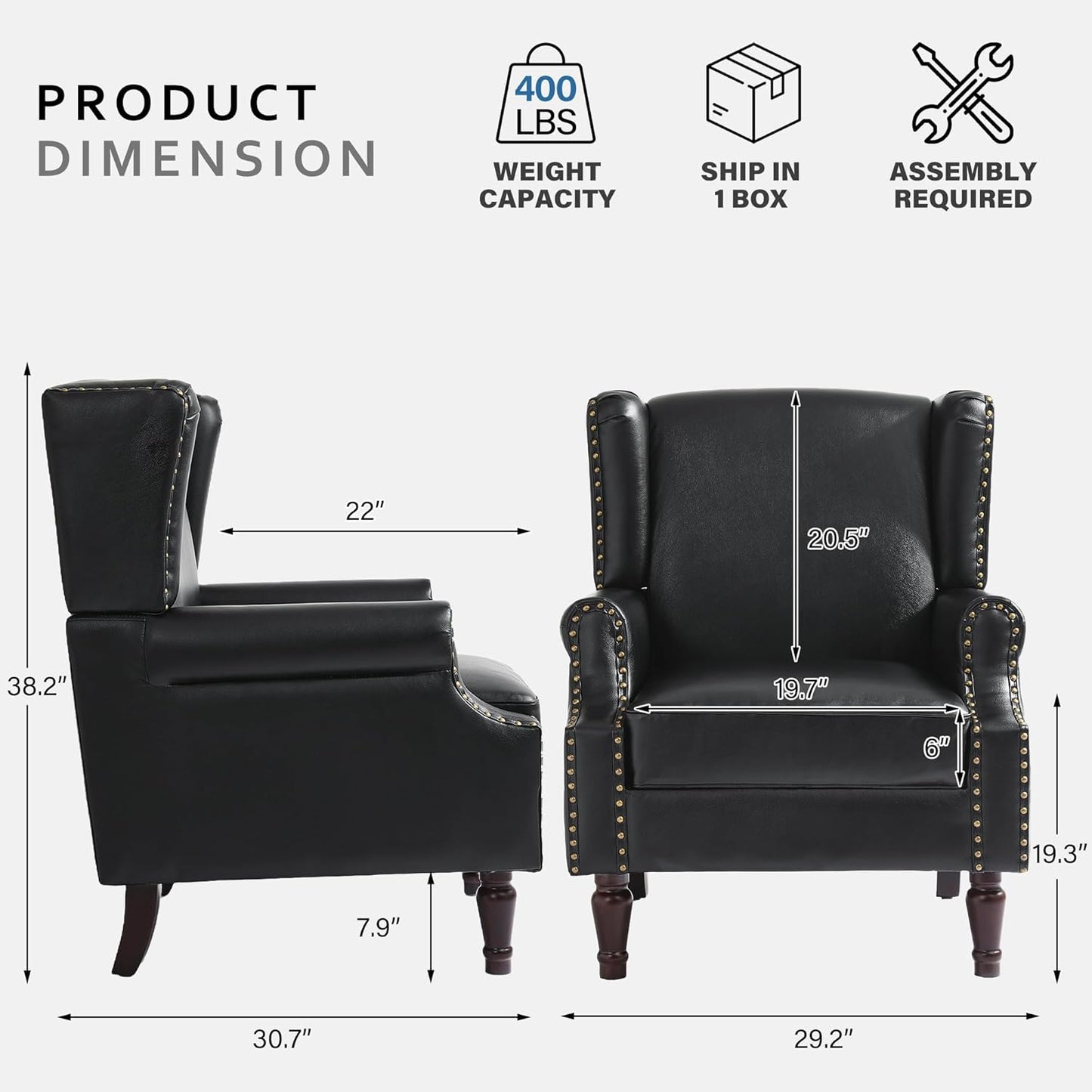 Accent Chair, Faux Leather High Back Armchair or Living Room, Comfy Upholstered Single Sofa Reading Chair with Solid Wood Legs for Office, Bedroom, Waiting Room-Black