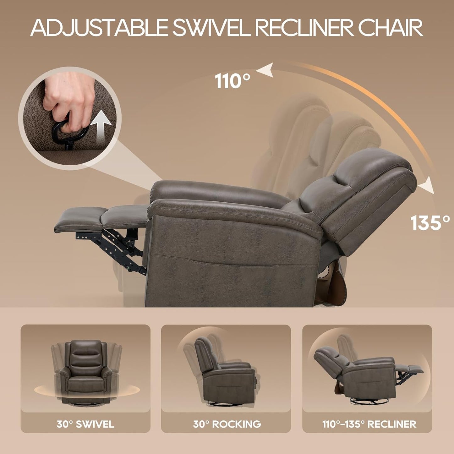 COLAMY Oversized Leather Recliner Chair, 360°Swivel Rocking Manual Recliner with Thick Cushioned Padding Backrest and Wide Seat - Lightbrown