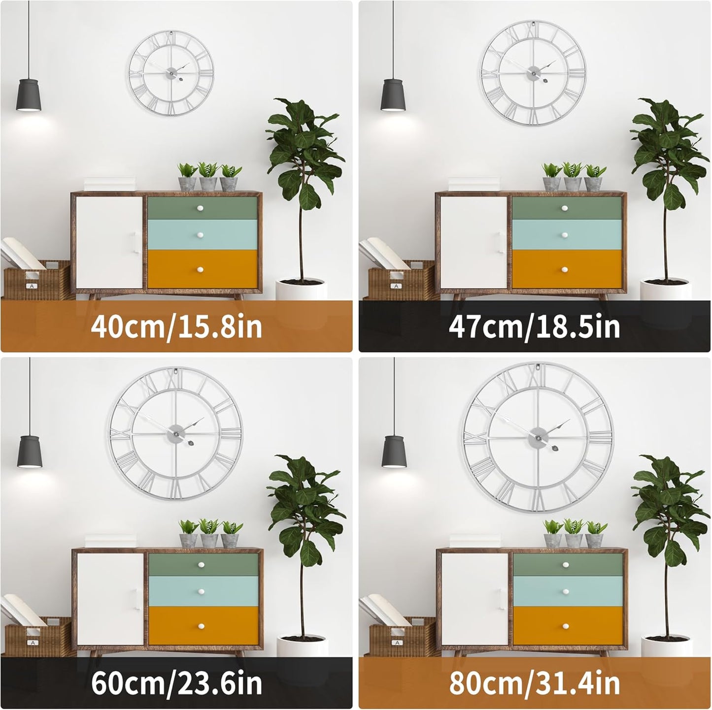 Large Wall Clock - 40cm/ 16 Inches Silent Non-Ticking Metal Wall Clock, Vintage Modern Silver, Battery Operated, Ideal for Living Room, Bedroom, Office, Farmhouse Decor