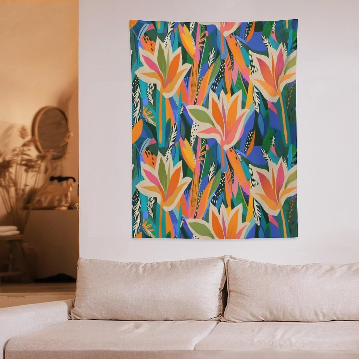ICMOLYYENLO Boho Green Leaves Tapestry, Mid Century Abstract Tropical Palm Leaves Modern Minimalist Geometric Wall Hanging, Neutral Home Decor Art for Living Room Bedroom Dorm 50x60 Inch