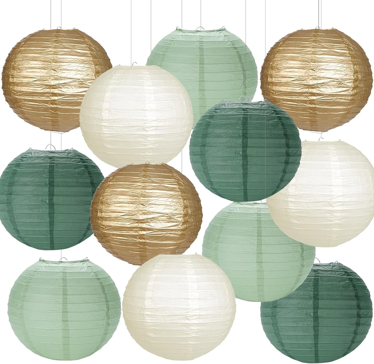 Paper Lanterns Sage Green Gold Round Hanging Chinese Lanterns for Birthday Party Baby Shower Bridal Shower Decorations Pack of 12