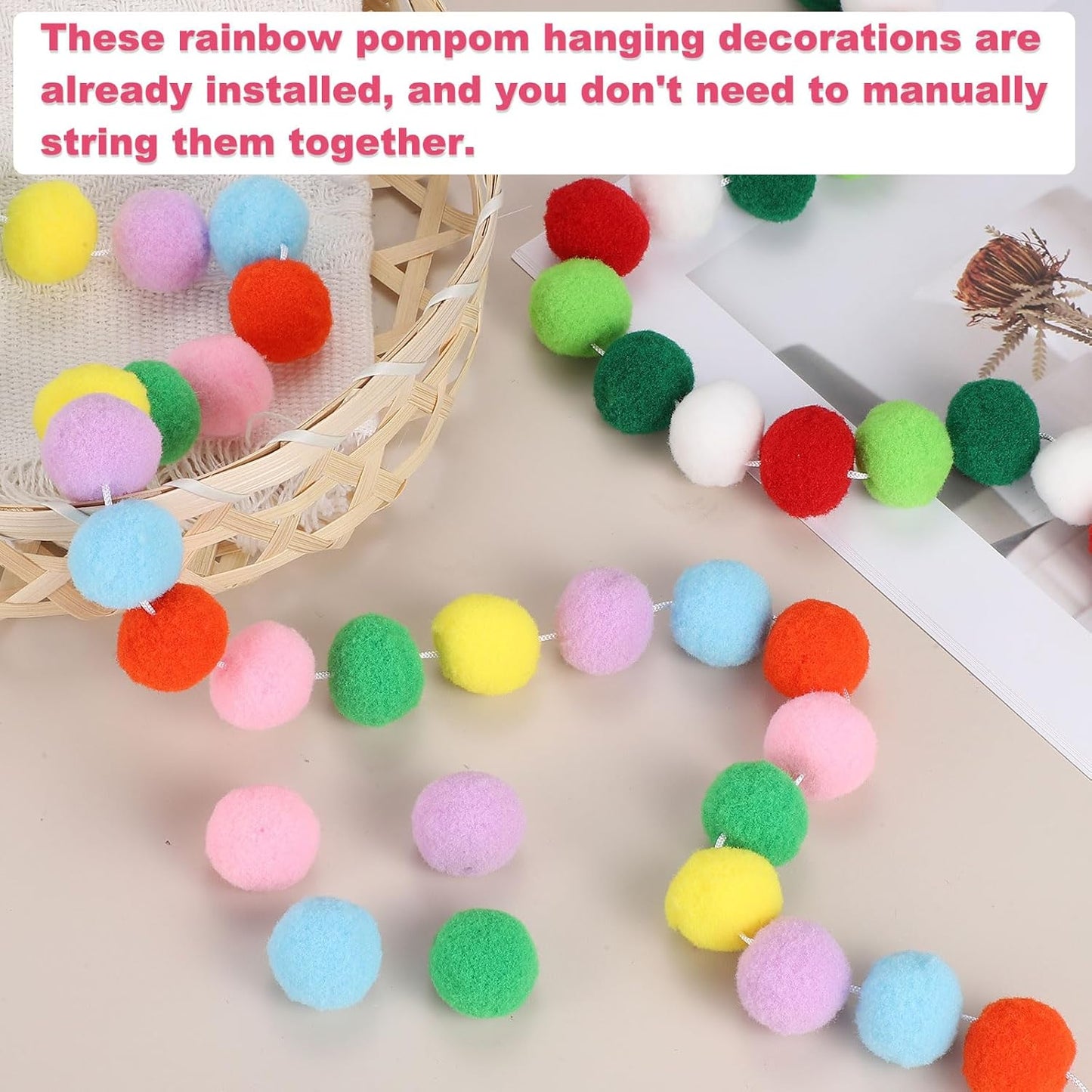 PATIKIL 13Ft Pom Pom Garland Decorations, 2Pcs Colorful Felt Ball Garland Banner Cute Rainbow Pompom Hanging Decorations for Tree Ornaments Homes Decor, Multicolor