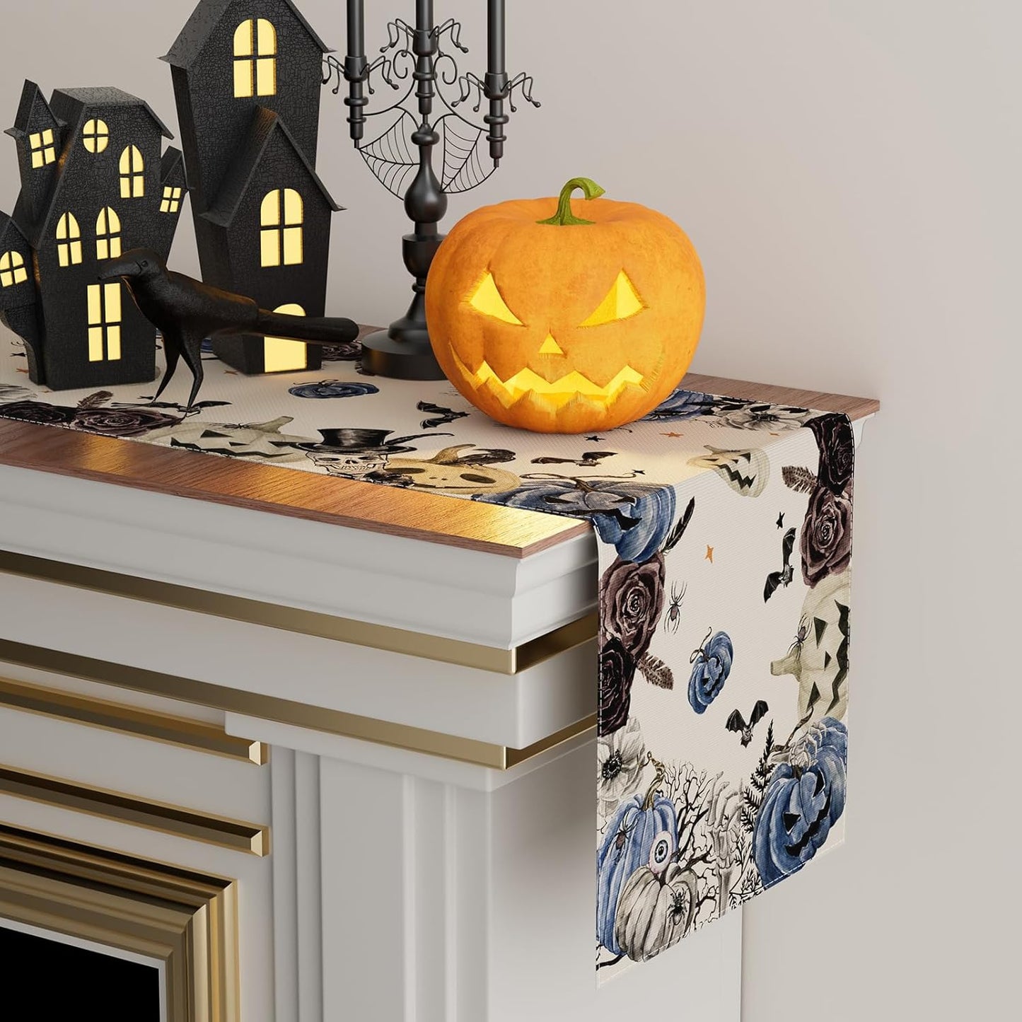 XCHI Spooky Blue Pumpkin Halloween Table Runner Party Table Decoration for Home Kitchen Dining Holiday Decor 13x60 Inch