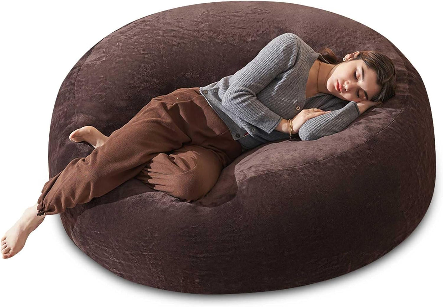 Bean Bag Chair 5Ft, Memory Foam Filled, Large Beanbag Chairs for Adults and Teens, Soft Sofa with Removable Flannel Cover, Round Couch for Living Room Bedroom College Dorm (Brown, 5FT-60×60"×24")