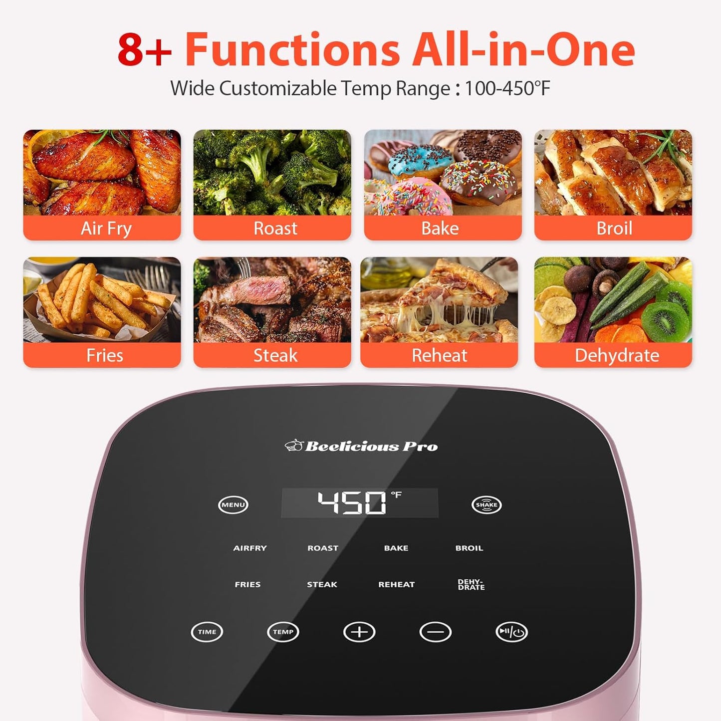 Air Fryer, Beelicious 8-in-1 Smart Compact 4QT Air Fryers, Shake Reminder,450°F Digital Airfryer with Flavor-Lock Tech, Tempered Glass Display, Dishwasher-Safe & Nonstick, Fit for 1-3 People, Pink