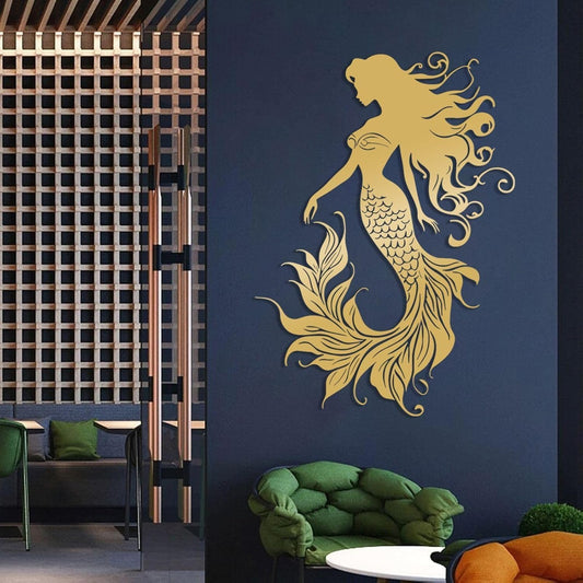 Veplsur Mermaid Metal Wall Art, Metal Mermaid Wall Decor, Marine Biology Wall Decor, Ocean Wall Art, Nautical Wall Hanging, Beach Hanging for Bathroom Bedroom (Gold, 48"x34"|121x86cm)