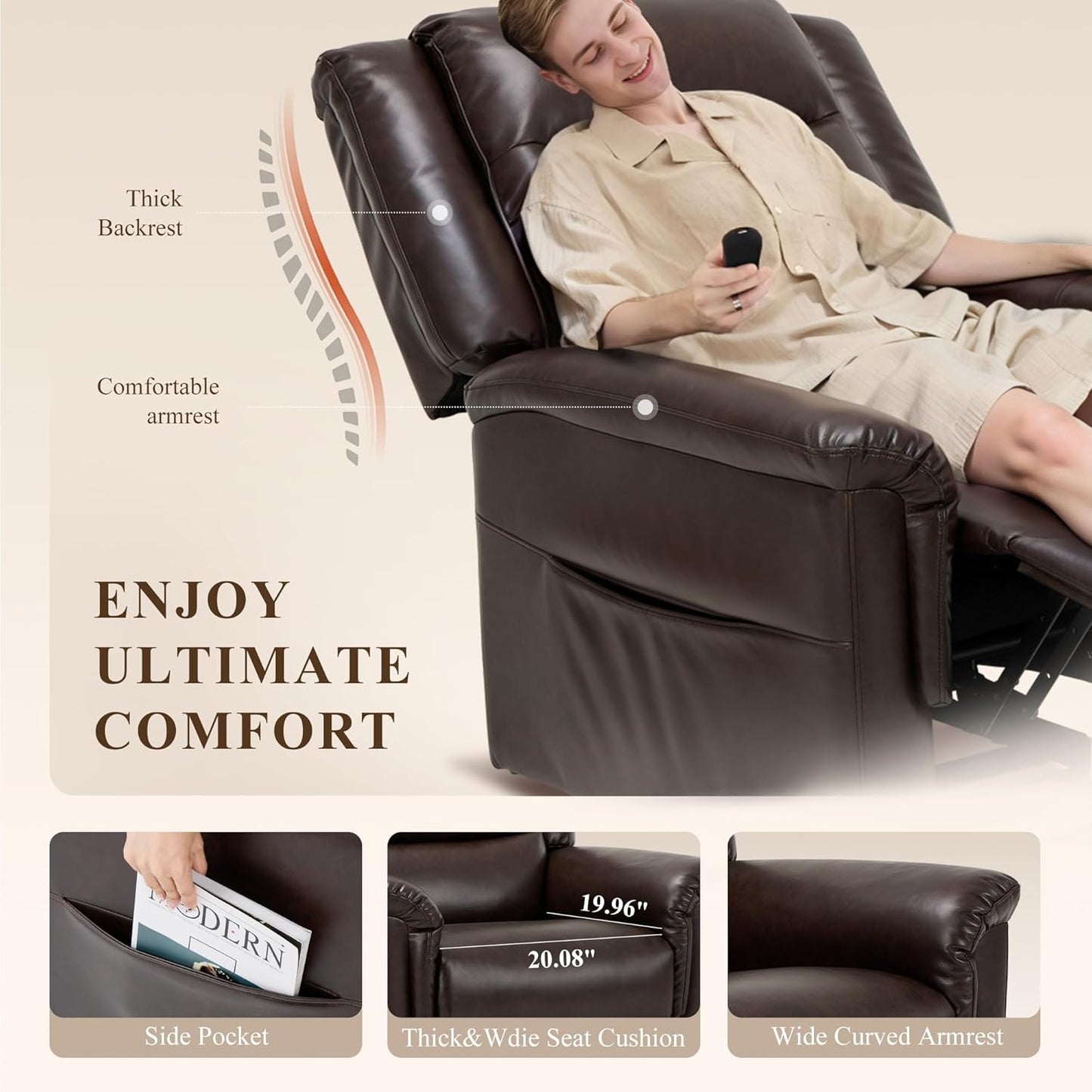 COLAMY PU Leather Electric Power Lift Chair,Lift Recliner Chair with Thick Cushioned Padding Backrest for Living Room, Office, Bedroom （Darkbrown）