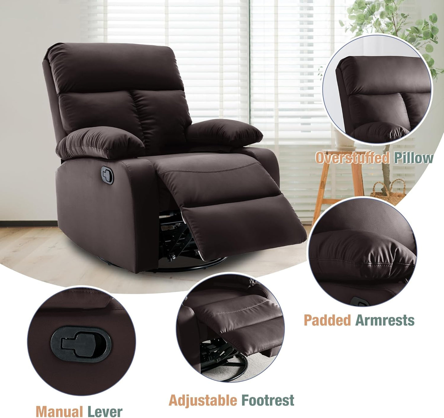 Swivel Rocker Recliner, Rocking Recliners Chair for Small Spaces, Small Rocker Recliner Chair, Nursery Rocking Chairs for Living Room, RV, Nursery, Brown