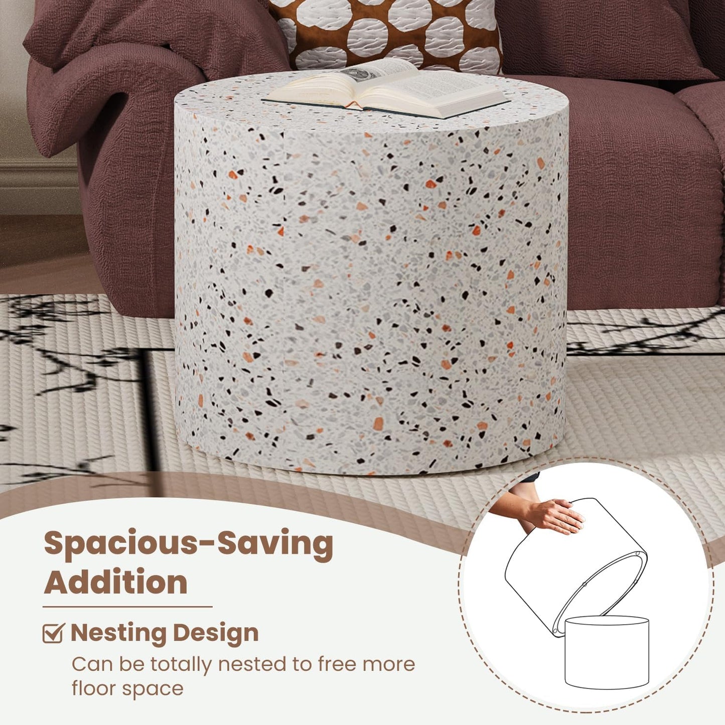 Round Nesting Coffee Table Set of 2 Modern Wood Coffee Tables Handcraft Drum Coffees Table Farmhouse Round Sofa Side Tables End Table for Living Room Small Spaces (Terrazzo)