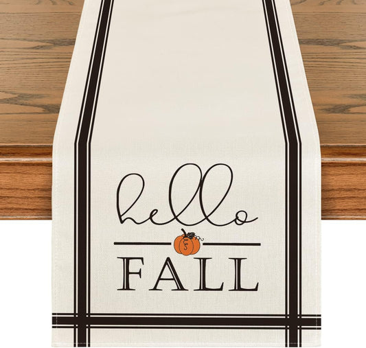 Artoid Mode Hello Fall Stripes Pumpkin Autumn Table Runner, Seasonal Fall Kitchen Dining Table Decoration for Home Party Decor 13x60 Inch