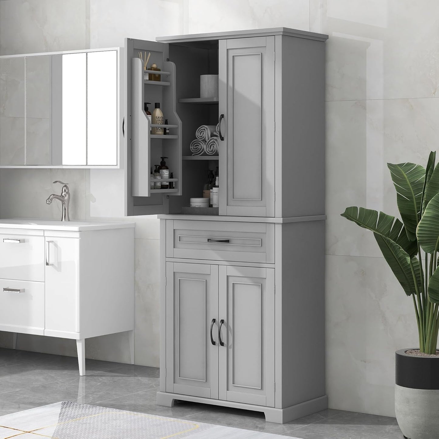 72.2" Tall Storage Cabinet with 4 Doors and Drawer, Freestanding Linen Cabinet, Wooden Pantry with Adjustable Shelf for Kitchen, Bathroom, Living Room, Grey
