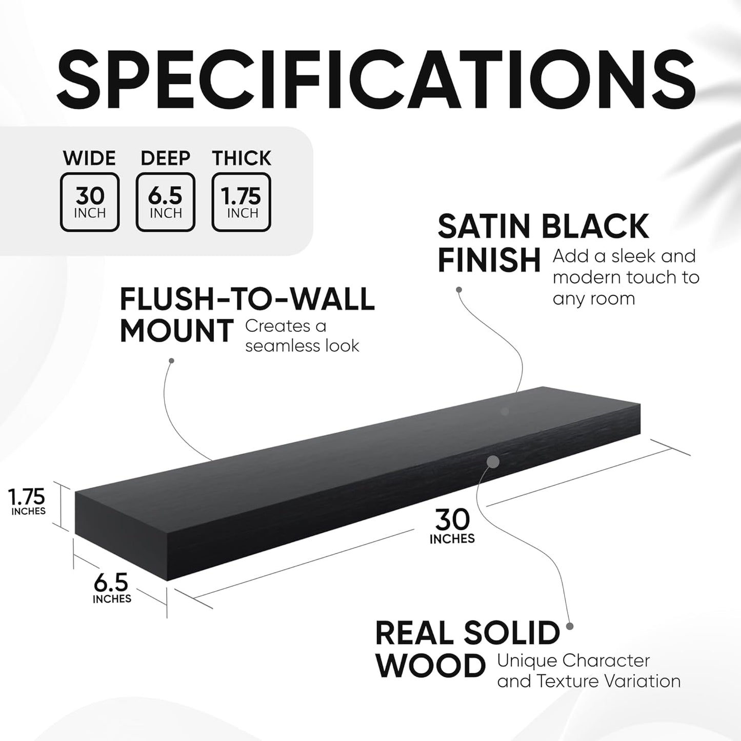 Homeforia Black Floating Shelves 30 inches Long, High End Solid Real Wood 30 inch Floating Shelf for Wall Mounted, Black Wooden 30in Floating Shelves, Heavy Duty Bracket, 30 X 6.5 X 1.75 in, Set of 2