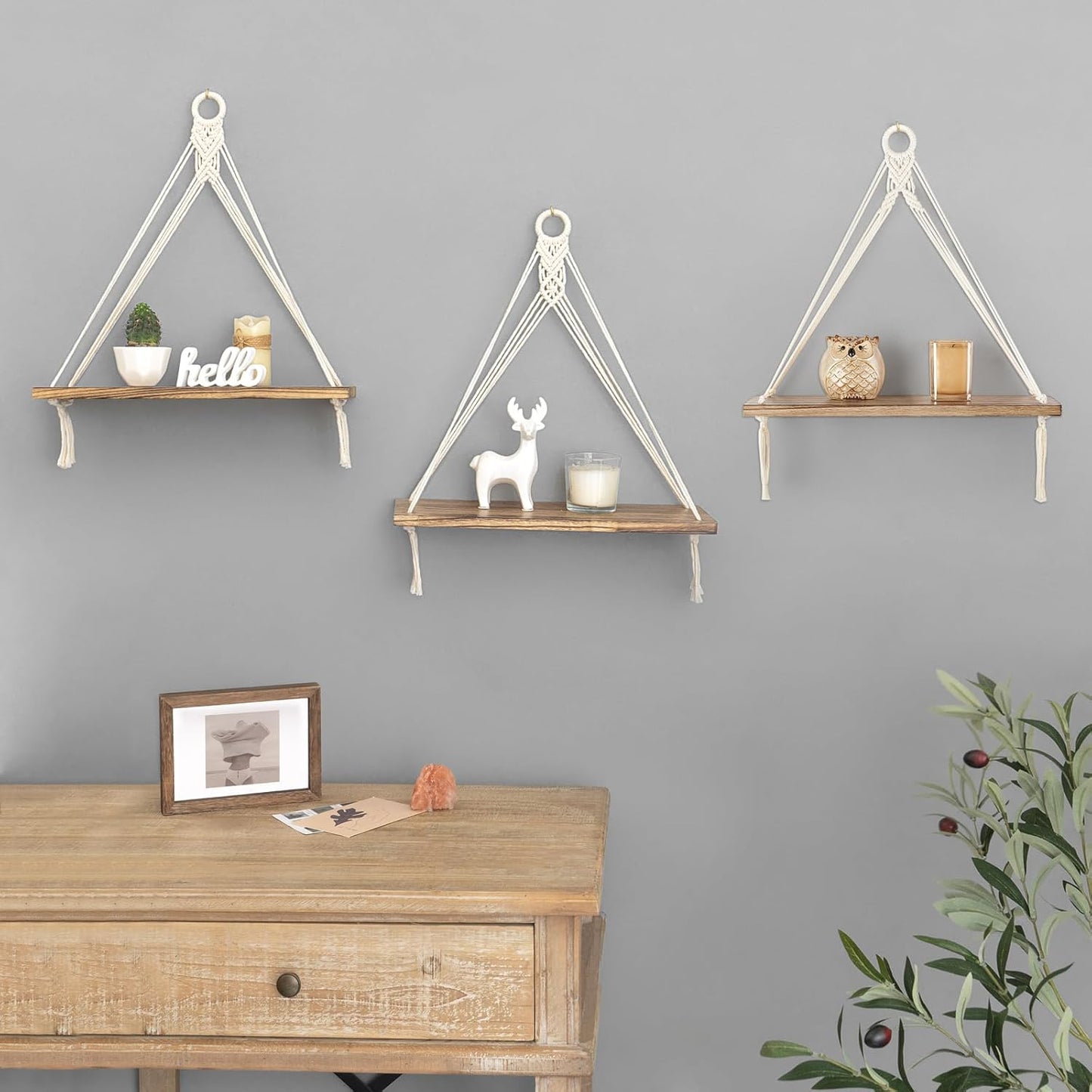 Mkono Macrame Hanging Shelves Boho Wall Decor Set of 3 Rustic Wood Floating Storage Shelf for Bedroom Bathroom Living Room Nursery Dorm Room, Display Shelving for Hanging Plants Photos