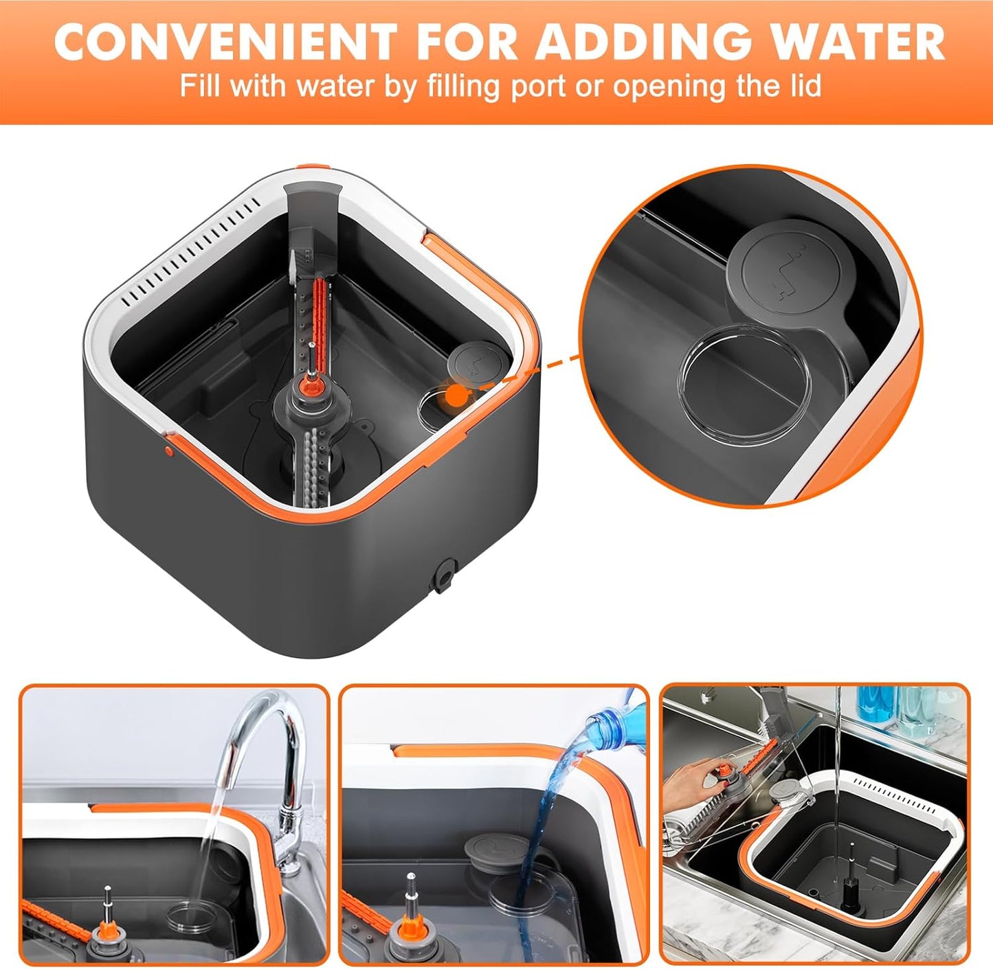 Upgraded Spin Mop and Bucket Set Self-Standing Mop Bucket Separate Dirty and Clean Water System Self Wringing 360° Rotating 90° Foldabl Mops and Buckets for Floor Cleaning (Dark Gray, 2Pads)
