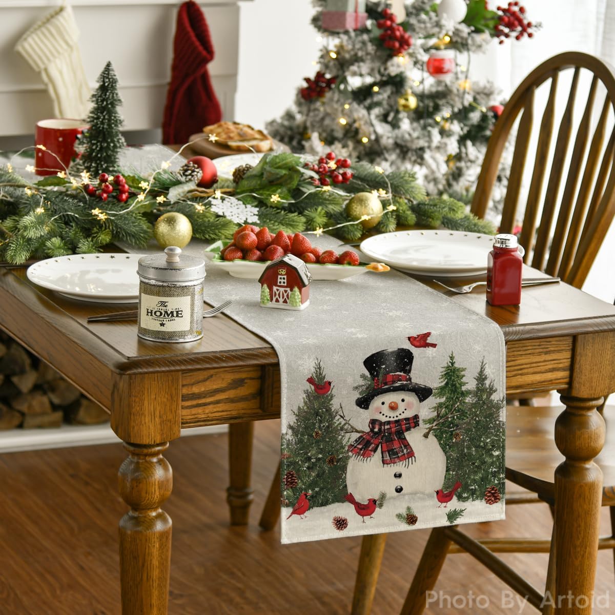 Artoid Mode Snowman Birds Trees Christmas Table Runner, Seasonal Silver Winter Holiday Kitchen Dining Table Decoration for Home Party Decor 13 x 48 Inch