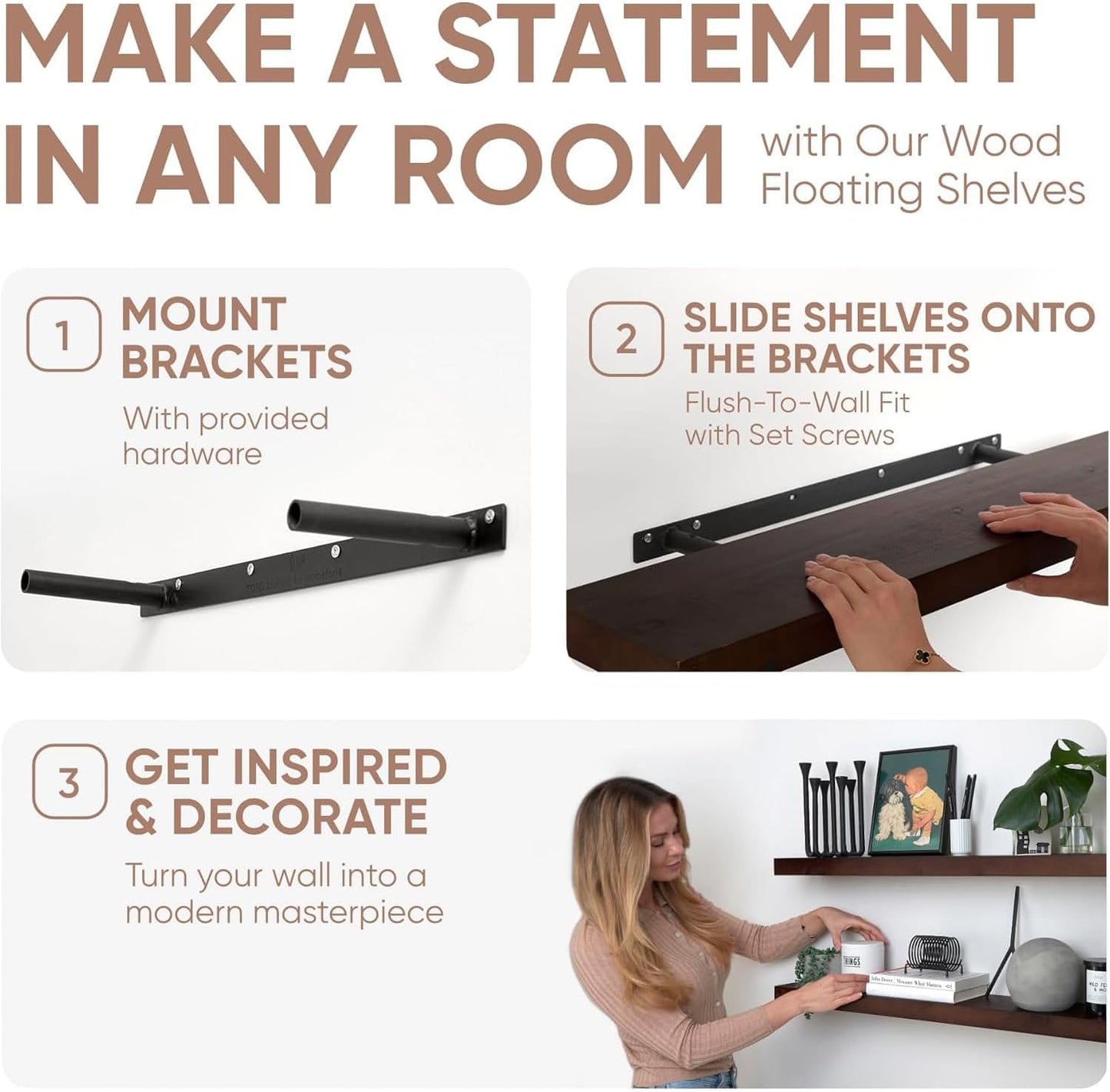Homeforia 48 inch Walnut Floating Shelf, High End Solid Real Wood Large 48inch Floating Shelves for Wall, Dark Brown 48 inches Long Floating Shelves, Heavy Duty Bracket, 48 X 6.5 X 1.75 inch, Set of 2