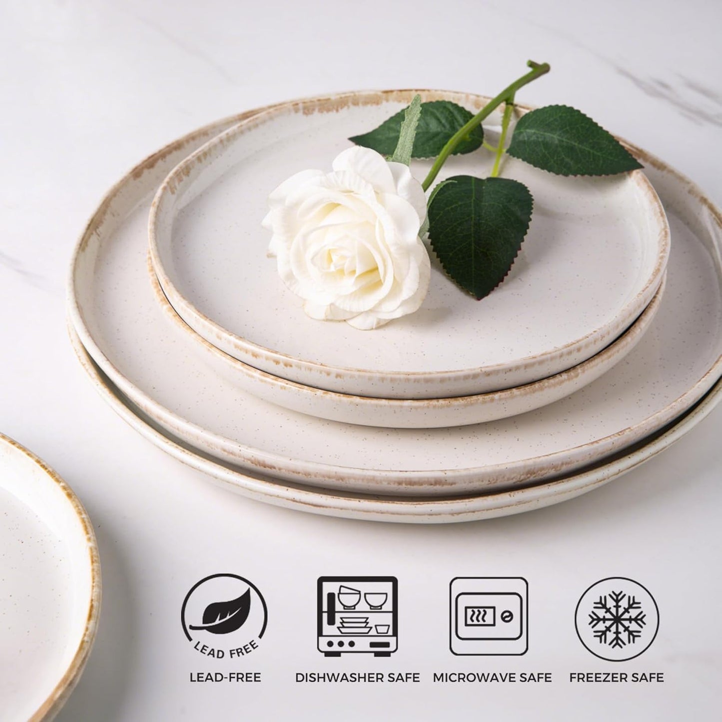AmorArc Ceramic Dinnerware Sets, Wavy Rim Stoneware Plates and Bowls Sets, Highly Scratch Resistant | Dishwasher & Microwave Dishes set, Service for 8 (24pc)-Speckled Cappuccino