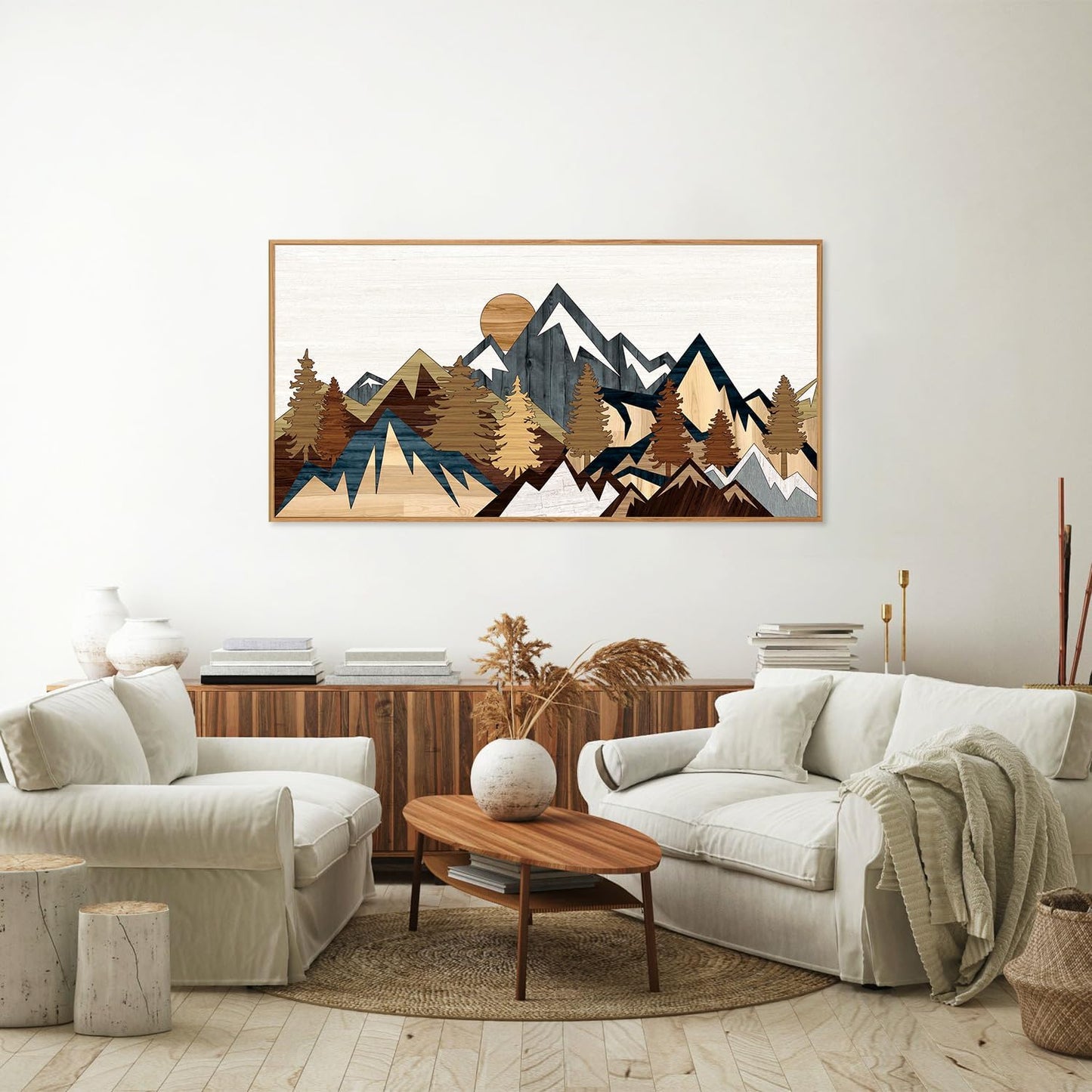 SIGNINART Large Mountain Framed Canvas Wall Art, Boho Sunrise Wilderness Wall Decor, Vintage Forest Nature Artwork, Modern Farmhouse Woodcut Style Art Prints for Living Room Bedroom, Office 20"x40"