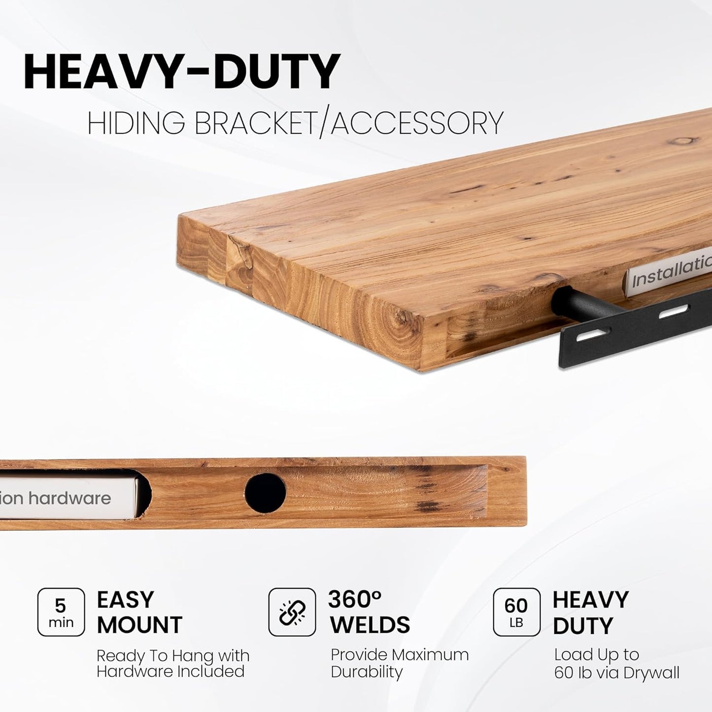 Floating Shelves for Wall, 55"x9.3" Rustic Solid Live-Edge Elm Wood Wall Shelves, Heavy-Duty Floating Shelves with Invisible Brackets for Living Room, Bedroom, and Kitchen, Natural Finish
