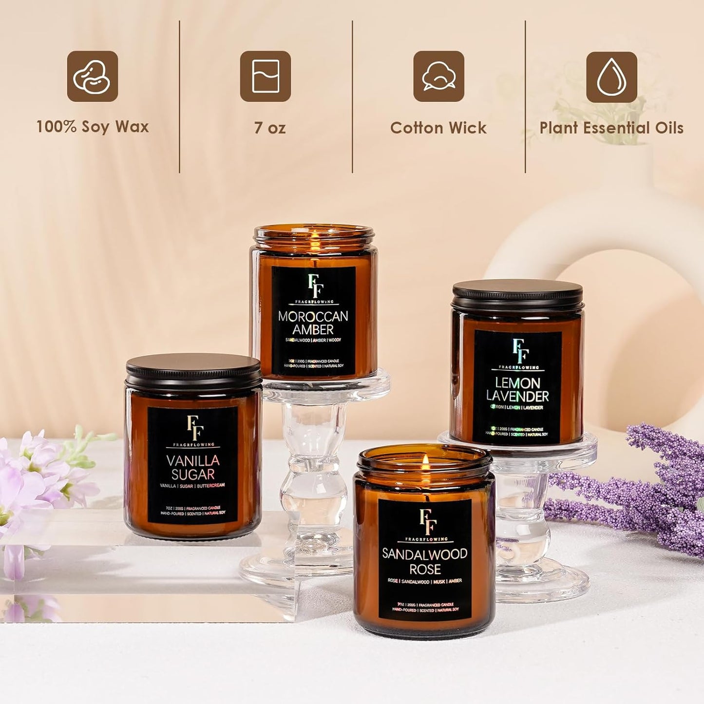 Scented Candles for Home Scented Aromatherapy Candles, 4 Pack 28 Oz Soy Wax Candle Gift Set for Women Men (Lemon Lavender/Vanilla Sugar/Sandalwood Rose/Moroccan Amber)