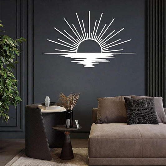 Sunrise Metal Wall Art, Metal Sun Wall Decor, Sun Outdoor Wall Art, Abstract Sunrise Wall Decor, Boho Home Hanging, Living Room Wall Hanging (White, 30"x18"/76x45cm)