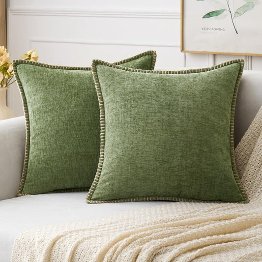 MIULEE Pack of 2 Couch Throw Pillow Covers 24x24 Inch Sage Green Farmhouse Decorative Pillow Covers with Stitched Edge Soft Chenille Solid Dyed Spring Pillow Covers for Sofa Bed Living Room