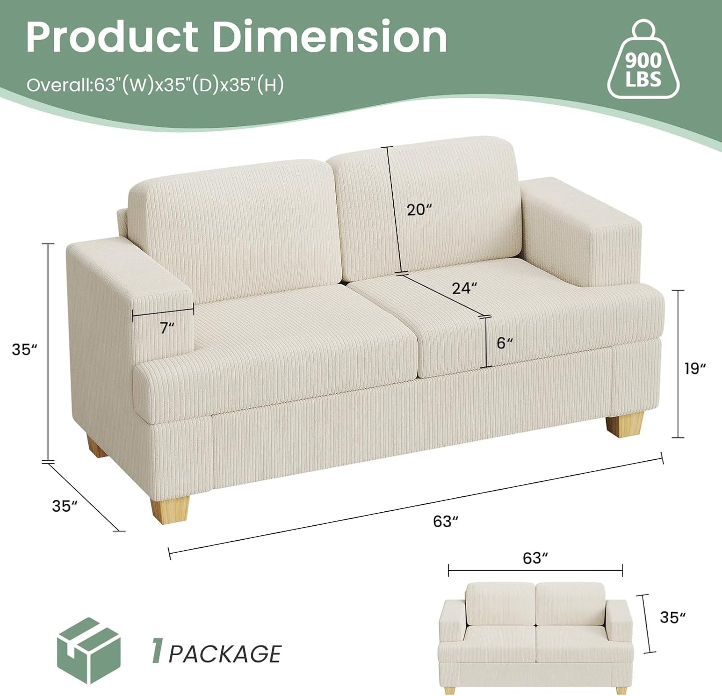 3 Pieces Corduroy Couch Set for Living Room, 3 Seater & Loveset*2 Cloud Sofa, Deep Seat Floor Couch for Bedroom, Futon Modern Sofa Bed, White Corduroy