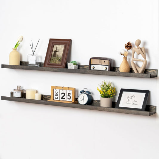 48 Inch Long Floating Shelves for Wall, Solid Pine Wood Picture Ledge Shelves with Lips, Nursery Book Shelves for Toys Storage Living Room Bedroom Photo Frames (2 Pcs, Grey)