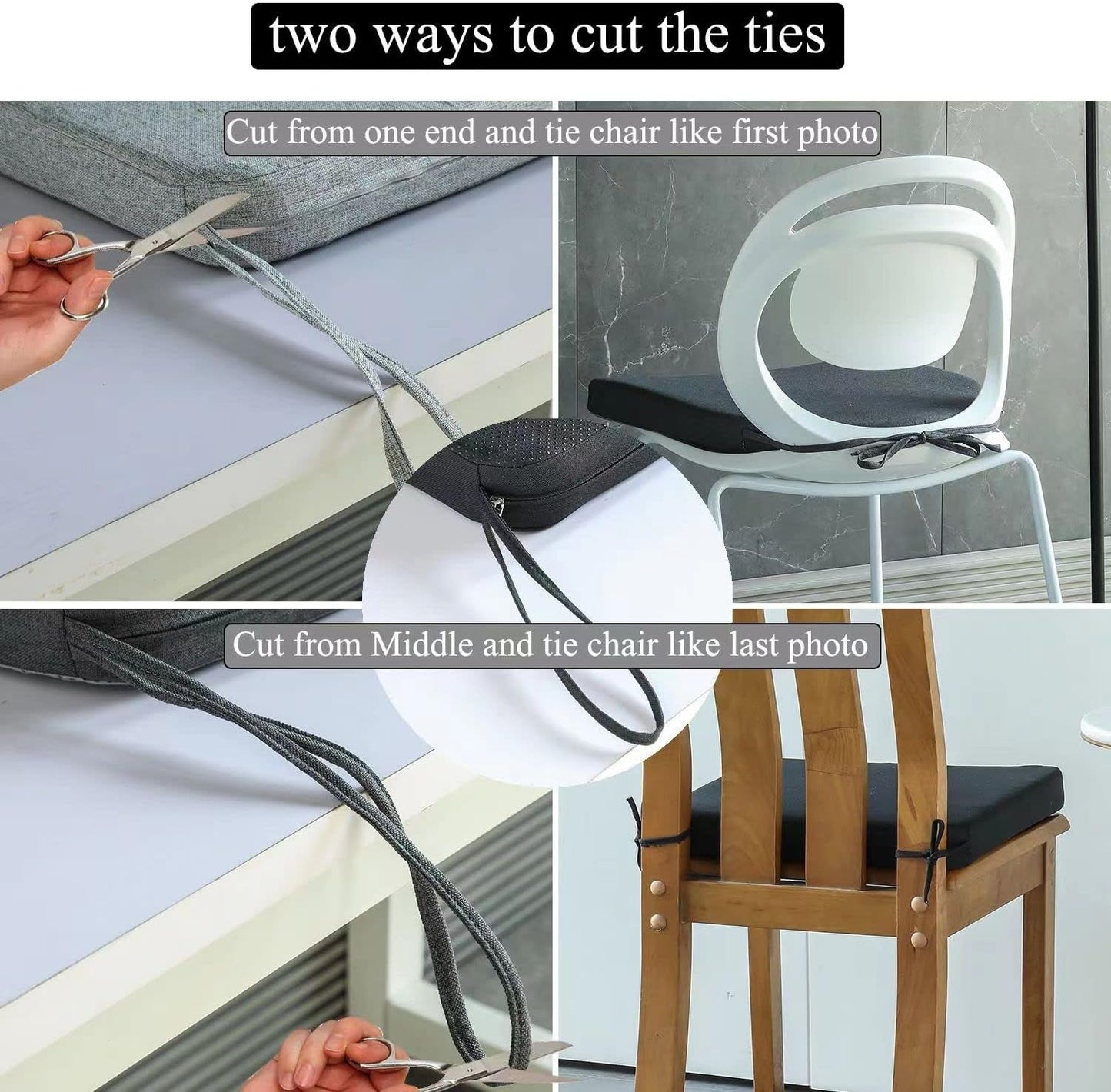 Chair Cushion for Dining Chairs with Ties Set of 2 Non Slip Memory Foam Kitchen Room Chair Pads for Outdoor Patio Furniture 17x16 Inch, Black