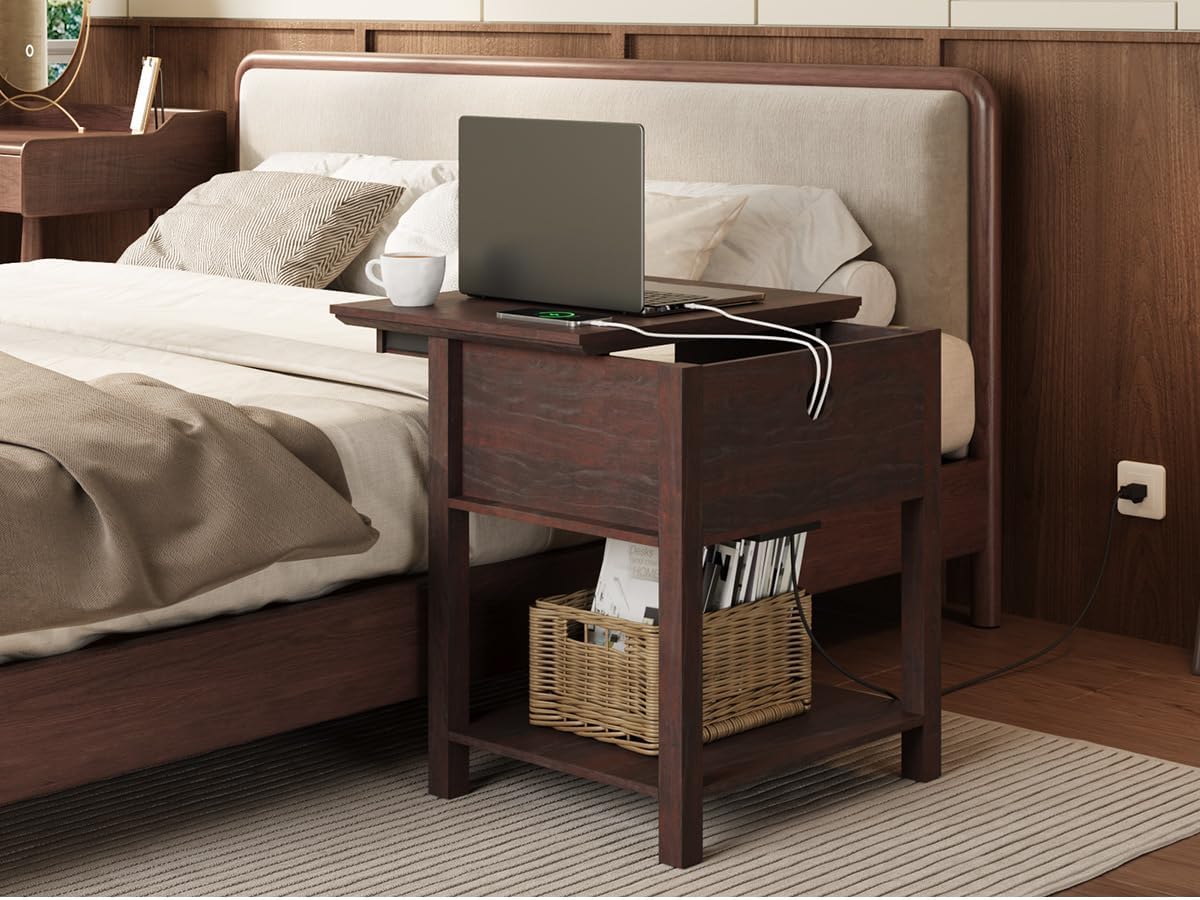 Rresyet Sliding Side Table Set of 2 with Charging Station & 2-Tier Storage,Farmhouse End Table, Wooden Nightstand for Bedroom & Living Room,Cherry