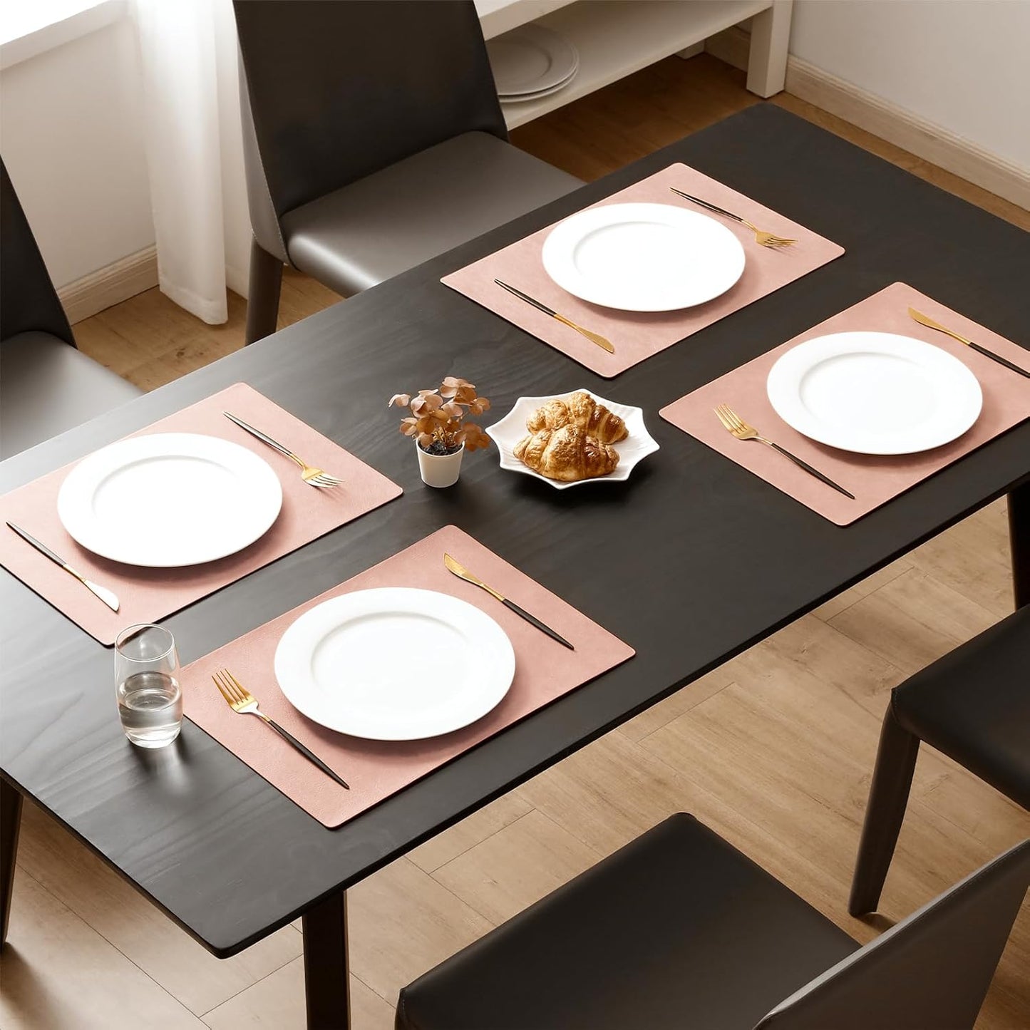 MOSAYT Vinyl Placemats Set of 6-12 X 17 Inch - Faux Leather 100% Waterproof Oil-Proof Wipeable PU Place Mats, Heat Resistant Reversible Table Mats for Kitchen, Dining, Outdoor (Pink)