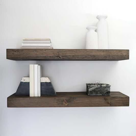 Modern Floating Shelves 3 Inches Thick for Wall, Wide Shelves for Kitchen, Living Room, Bedroom, and Bathroom, Natural Pine Wood, Rustic Wooden Shelf, (Set of 2) (Jacobean, 36Lx3Hx6D)