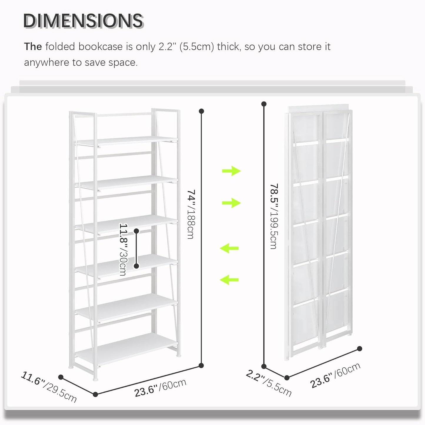 4NM No Assembly Foldable Bookshelf, 6-Shelf Collapsible Bookcase Storage for Small Spaces, 74" H, All White