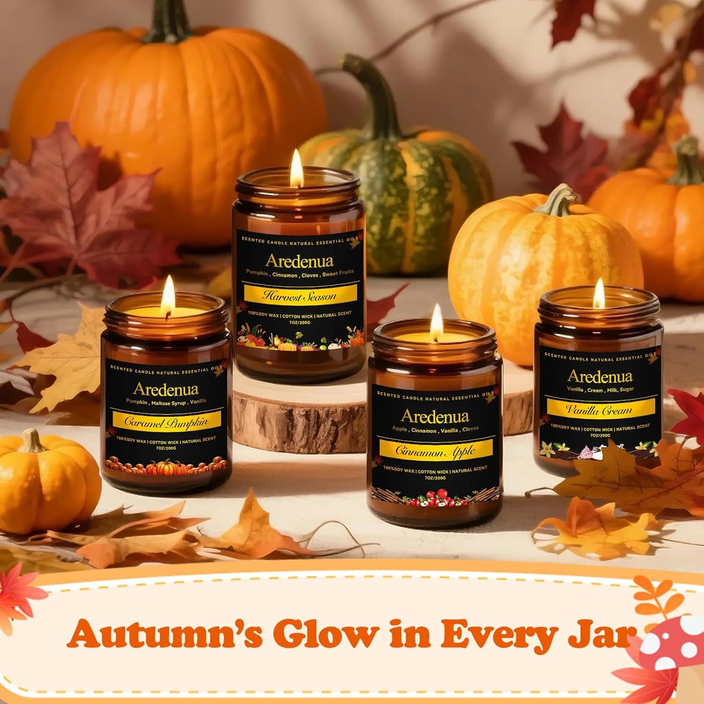 Fall Candles Set | 4 Pack Autumn Scented Candles - Fall Candle Gifts for Women Men, Soy Candles for Home Scented - Autumn Scent of - Pumpkin/Cinnamon Apple/Harvest/Vanilla Cream