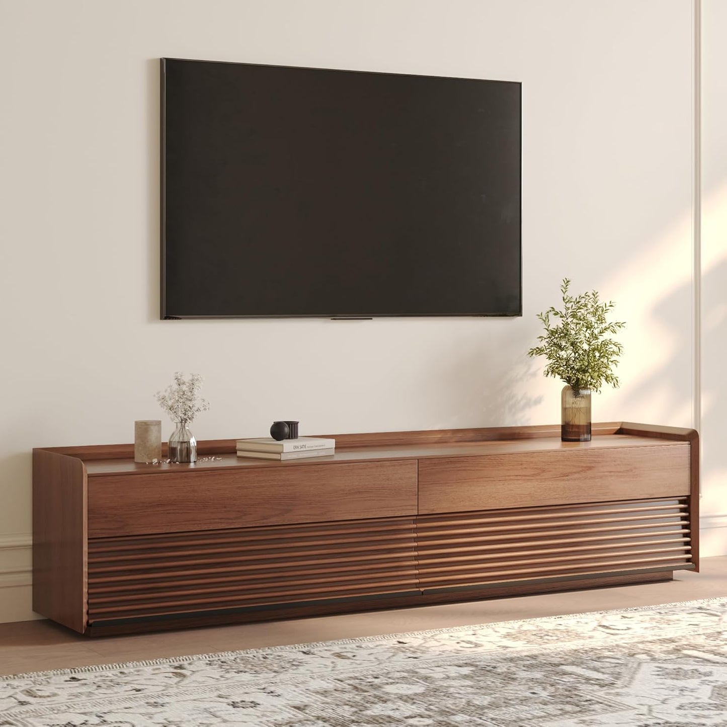 POVISON Fully-Assembled Mid Century Modern TV Stand, 78.74" Wood Media Console with Adjustable LED Light, Entertainment Center with Storage for Living Room