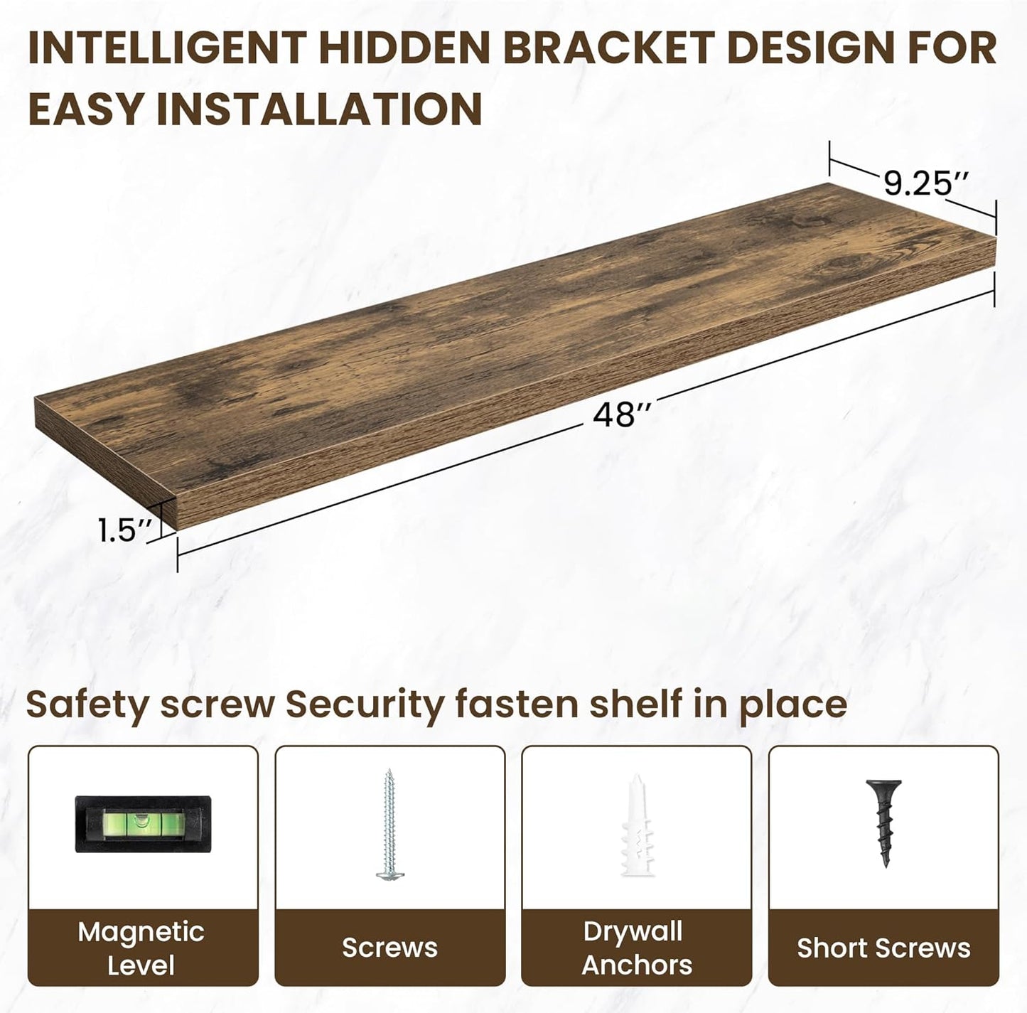 48 Inch Floating Shelves, 48"x9.25"x1.5" Inch Deep Floating Shelves for Wall, Wooden Shelves for Bathroom, Bedroom, Living Room, Brown