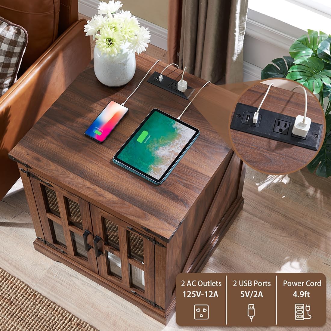 Farmhouse End Table with Charging Station,24" Large Side Table with Glass Barn Door, Rustic Wood Nightstand Bedside Table with Adjustable Storage Shelf for Living Room, Bedroom,Walnut,2 pack