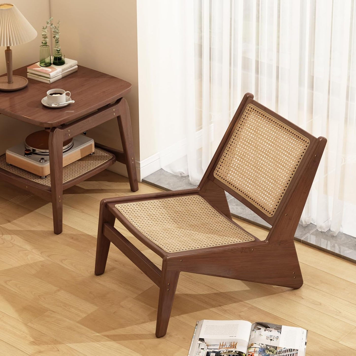Mid-Century Accent Chair, Rattan Lounge Chair for Living Room, Boho Side Corner Comfy Chair for Bedroom and Balcony, Walnut