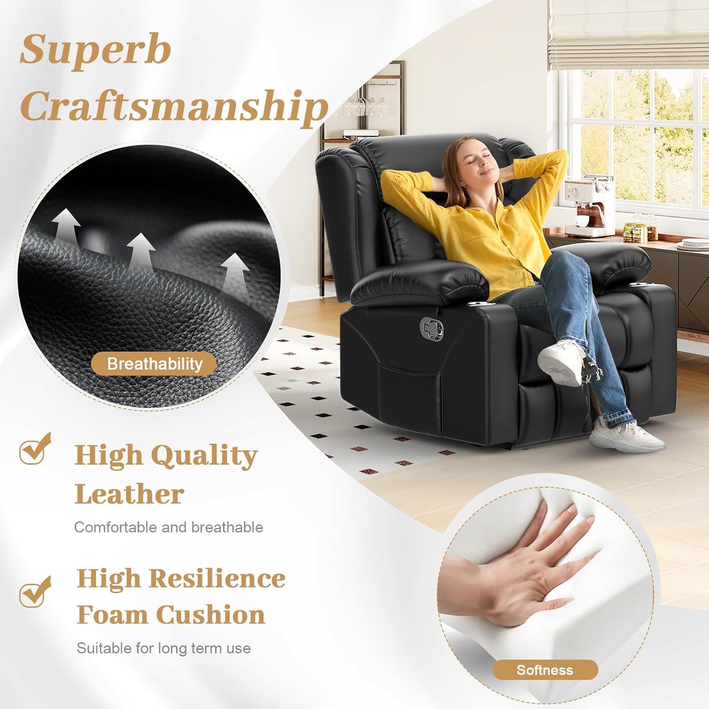 Recliner Chair for Adults, Oversized PU Leather Manual Pull Tab Reclining Chair with Cup Holders, Minimalist Style Single Sofa for Living Room, RV (Black)